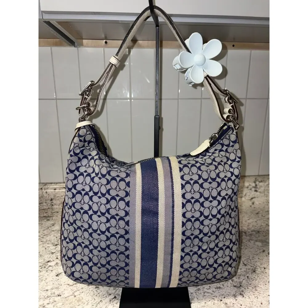 Coach Courtenay Hobo Blue Signature Stripe White Leather Tassel A1393